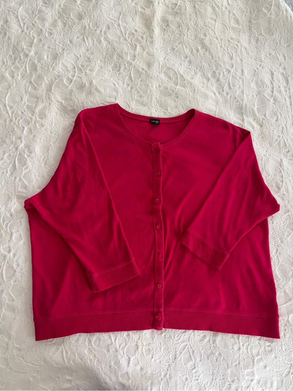 Rafaella Bright Pink Button-Front 100% Cotton Crewneck Cardigan